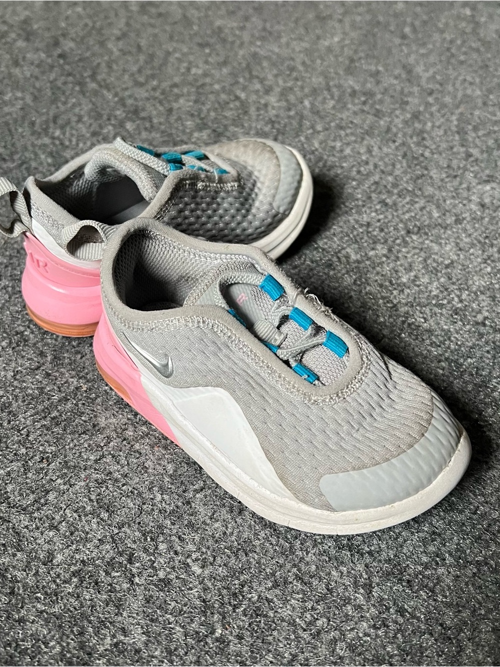 Nike Kids Gray Sneakers with Pink Heel and Blue Lace Tabs